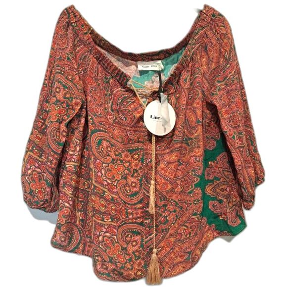 Line + Dot bohemian top front tie tassels orange green blouse Women's small NWT - Picture 1 of 9